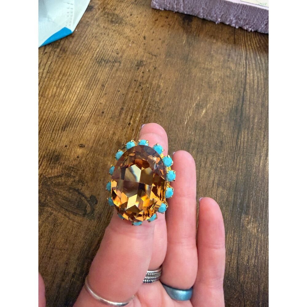 MISS ELLIE signed gold tone with glass tones designer runway ring